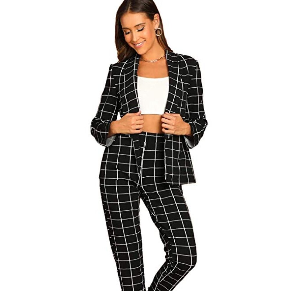 Women's Two Piece Plaid Open Front Long Sleeve Blazer & Elastic Waist Pant Set